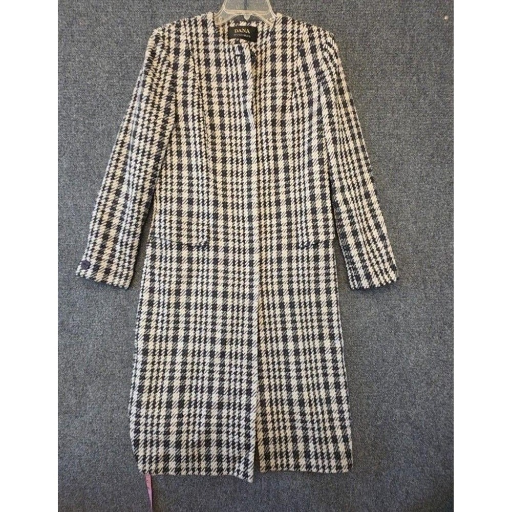 Dana Buchman Coat Womens 10 Black Wool Tweed Check Long Button Lined Overcoat